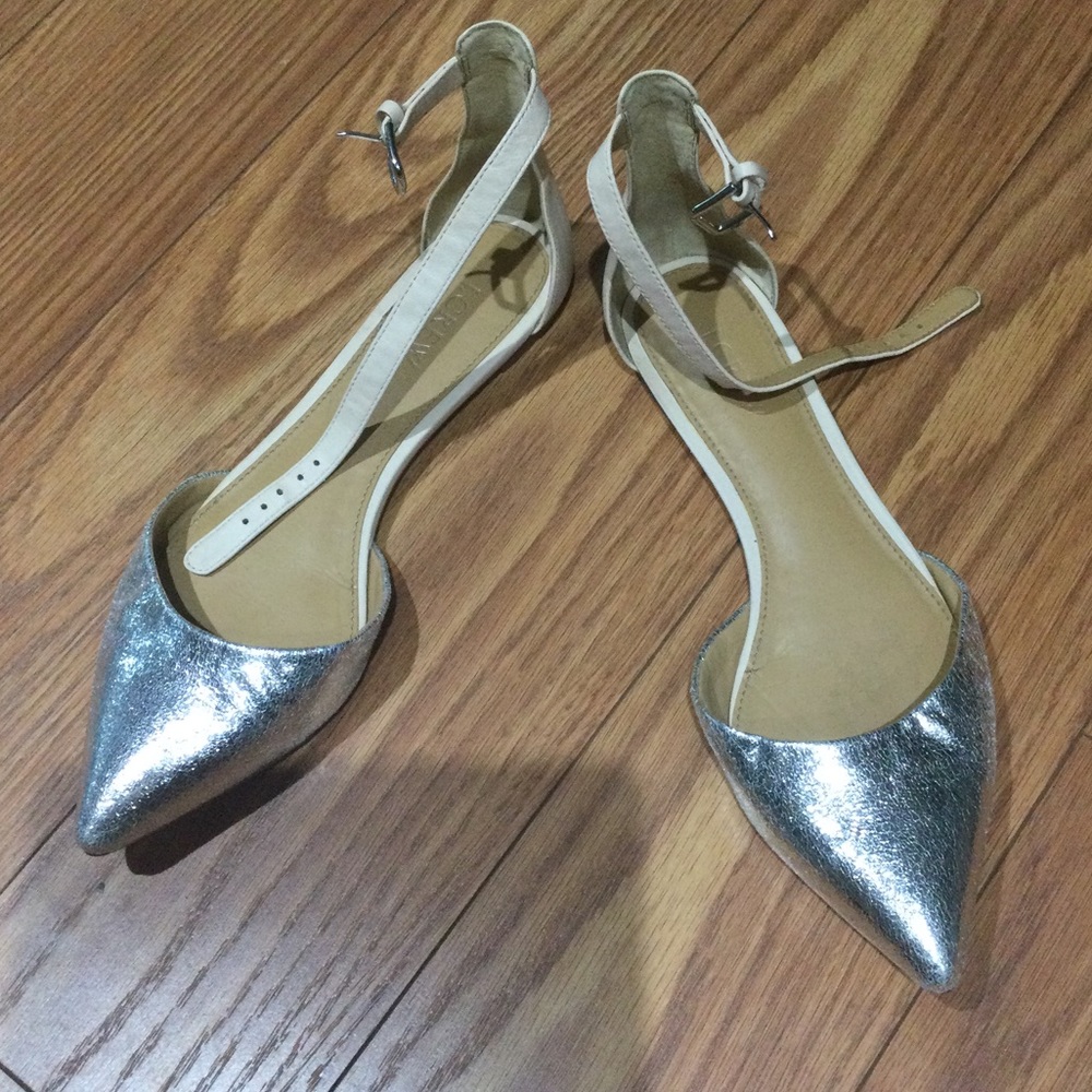 J. Crew silver & nude pointy ankle strap flats. Size 8.5